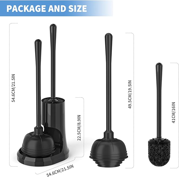 uptronic Toilet Plunger and Brush, Bowl Brush and Heavy Duty Toilet Plunger Set with Holder, 2-in-1 Bathroom Cleaning Combo with Modern Caddy Stand for for 5.7-inch Toilet Drain Bathroom Cleaning