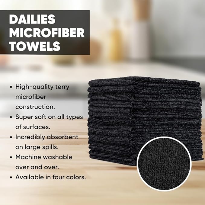 Dailies Microfiber Cleaning Cloths | 15-Pack (Black) 12"x10" | Fits TowelNest Dispenser | Reusable, Absorbent, Washable | Eco-Friendly Paper Towel Alternative