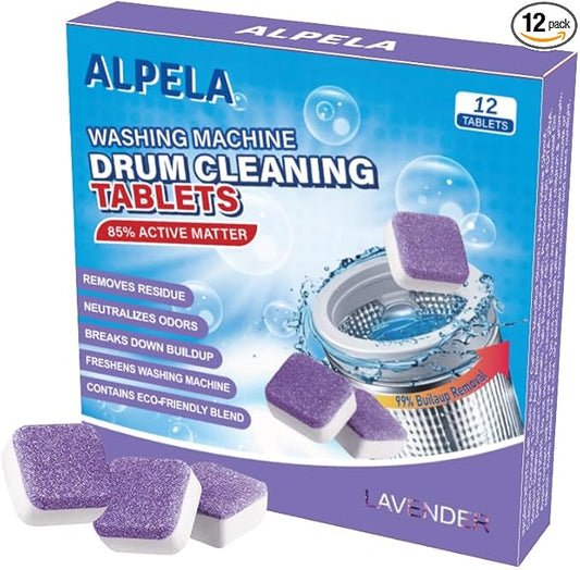 ALPELA Washing Machine Cleaner Descaler | Deep Cleaning Tablets For HE Front & Top Load Washer, Septic Safe Eco-Friendly Deodorizer, Clean Inside Drum and Laundry Tub Seal (Lavender Scent - 12 Count)