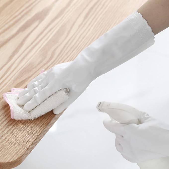 Bamllum Rubber Cleaning Gloves - 3 Pairs Latex Free Kitchen Cleaning Gloves with Cotton Liner- Household Dishwashing Gloves, Non- Slip Waterproof (Small, Blue+Pink+White)
