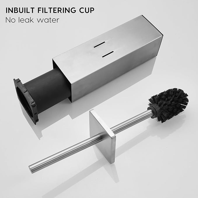 Brushed Gold Stainless Steel Toilet Brush, Square No-Punch Hook Base Toilet Brush Holder Removable Inner Bucket and Splash Proof Cover - Soft Bristles (No Drill Square Metal Cap Brushed)