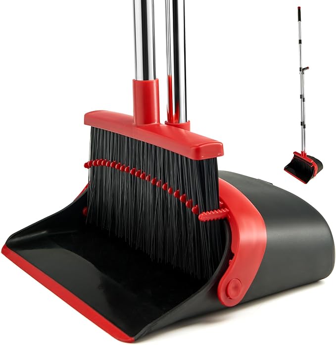 XXFLOWER Broom and Dustpan Set for Home, Broom with Dustpan Cleaning Teeth Combo Set, Indoor Sweep Broom with Long Handle for Office Home Kitchen Lobby Floor (Black Red)