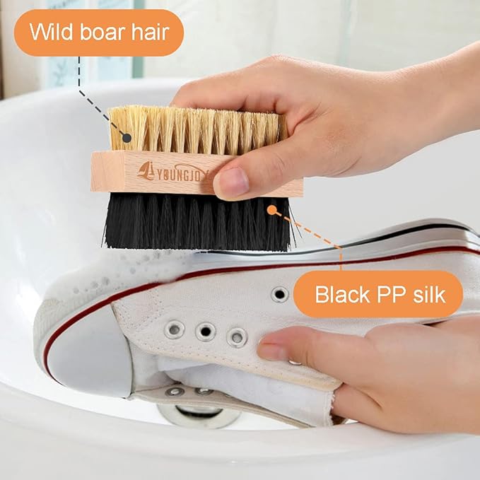 YoungJoy 2 Pieces Dual Sided Sneaker Shoe Cleaner Brush Set Shoes Clean Brush Kit Both Boar and Plastic Bristles with Microfiber Cloth (A)