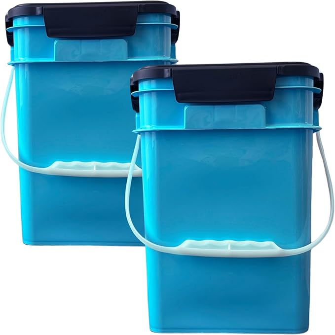 House Naturals 4 Gallon Square Buckets with lids- Made in USA Container- Pack of 10 (Aqua - Black lids)