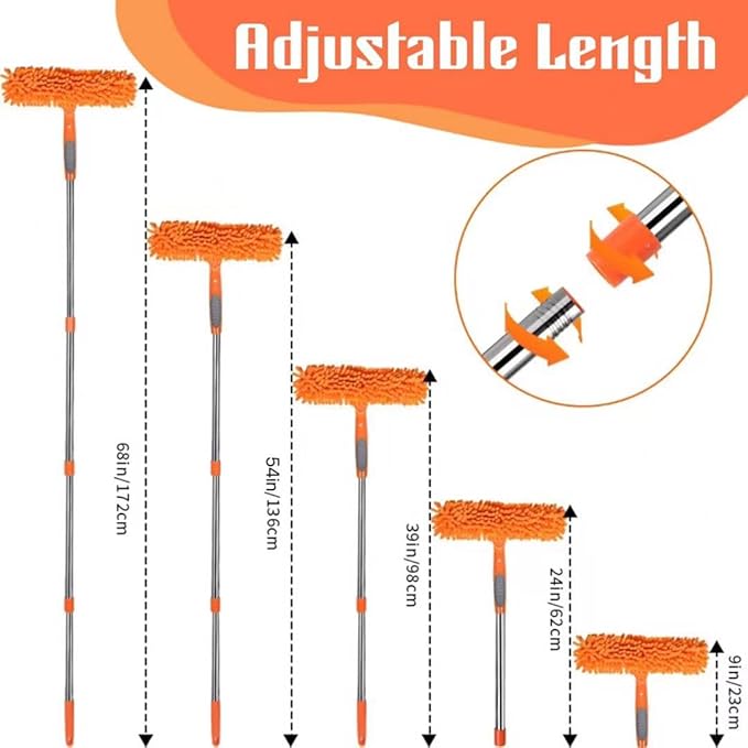 Window Squeegee Cleaner Kit - 2-in-1 Rotatable Window Cleaning Tool with Extension Pole, Professional Streak-Free Squeegee with Bendable Head for Indoor/Outdoor Windows & Car Glass