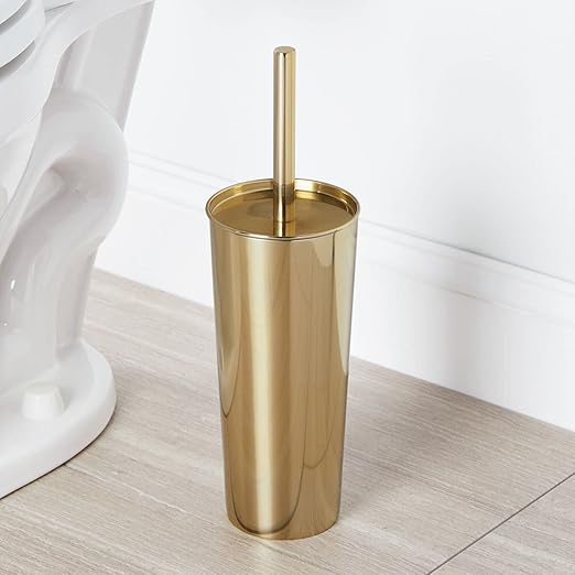 mDesign Metal Freestanding Slim Toilet Bowl Brush and Holder + Rectangle Narrow 5 Liter / 1.3 Gallon Step Pedal Trash Can Wastebasket for Bathroom - Small, Compact Design - Set of 2 - Soft Brass