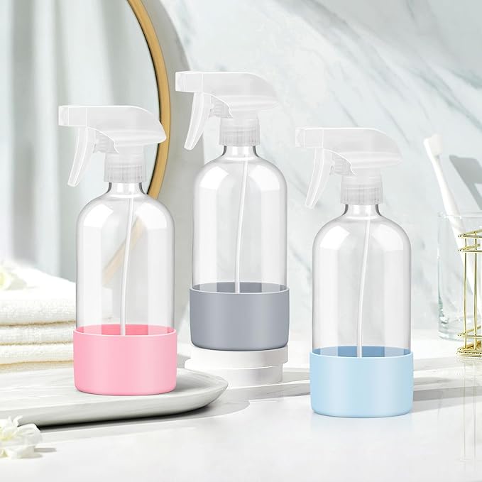 Glass Spray Bottles with Silicone Sleeve Protection, Empty 16 oz Refillable Containers, Reusable Spray Bottles with Adjustable Nozzle for Hair, Cleaning Solutions, 3 Pack Grey&Blue&Pink