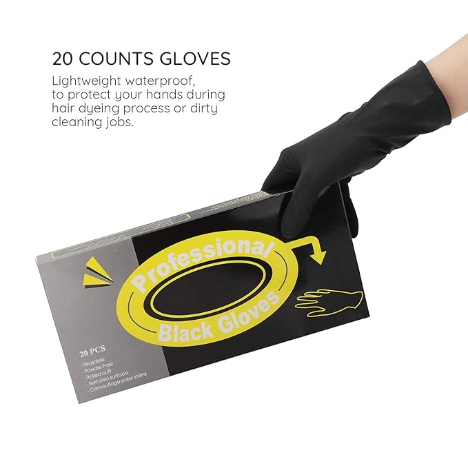 Segbeauty Dye Gloves for Hair, 20 Counts Black Reusable Hair Color Gloves Professional Washable Rubber Glove Hair Coloring Accessories for Home Cleaning Hair Dye Salon Highlighting - Large