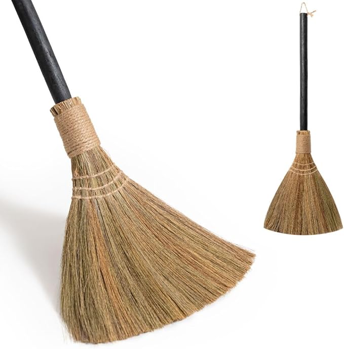 TTS For Home Natural Whisk Sweeping Black Handle Broom - Brooms for Wedding Jumping Ceremony Halloween DIY Decoration - Vietnamese Straw Soft Broom 12.2" Width, 28.35" Length
