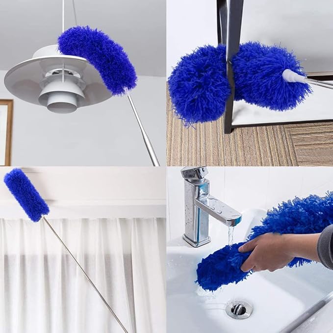 Ceiling Fan Feather Duster with Extension Pole, Cobweb & Corner Brush for Cleaning, Long Handle Aluminum Telescoping Pole, Washable, Blue, 250cm