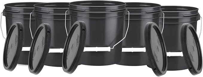 House Naturals 1 Gallon Food Grade BPA Free Bucket Container with Lids (Pack of 5) Made in USA (5, Black)
