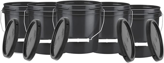 House Naturals 1 Gallon Food Grade BPA Free Bucket Container with Lids (Pack of 5) Made in USA (5, Black)
