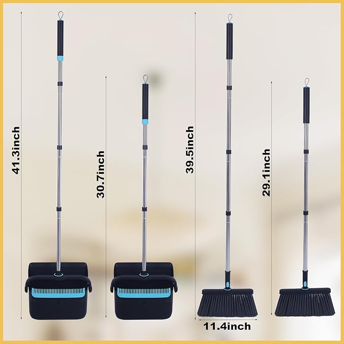 Heavy Duty Broom and Standing Dustpan Combo Set, Rotatable Head Dust Pan and Brush Set with Collapsible Handle, Cleaning Teeth, Hanging Loop, Ideal for Pets, RV, Kitchen, Camping, Outdoor Floor, Black