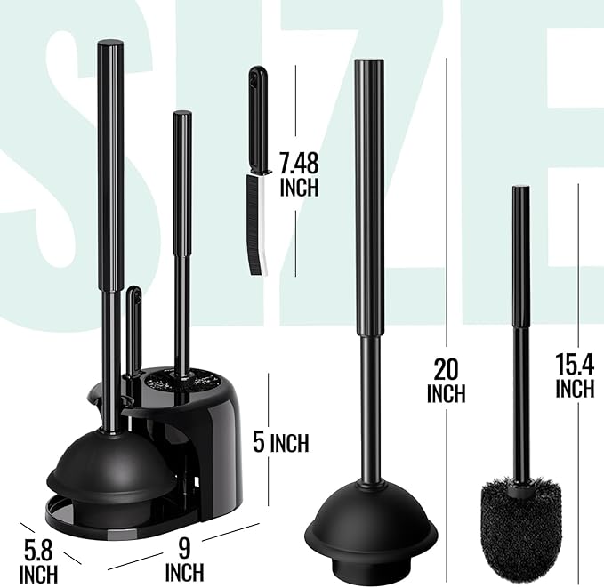 3 in 1 Toilet Brush and Plunger Set with Crevice Cleaning Brush, Toilet Plunger and Brush Set with Extra Long Handle, Plungers for Bathroom Accessories, Toilet Plunger Abrasive Spiral Brushes, Black