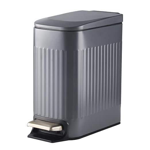 Slim Bathroom Trash Can with Lid Soft Close, Stainless Steel Garbage Can Step Trash Bin with Removable Inner Bucket for Bedroom, Office, Kitchen (Matt Grey, 1.8 Gallons)