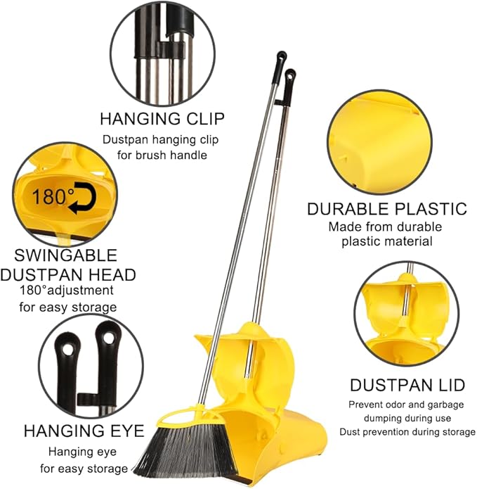MuLing Heavy Duty Outdoor Broom and Dustpan Set - 145CM Extra Long Handle, Stiff Bristles for Tough Debris, Angled Broom Head - Ideal for Garage, Patio, Garden Kitchen House Floor Cleaning