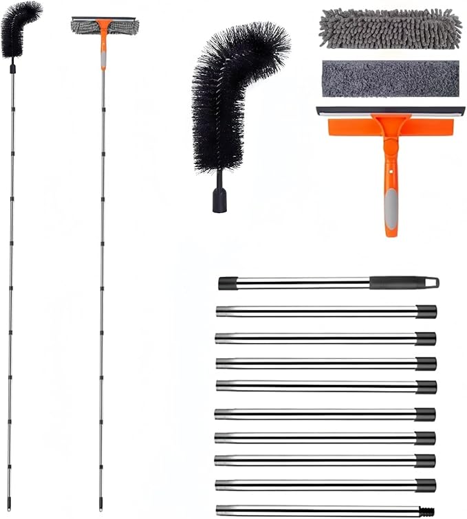 MC-Hotfire 12.5 FT Window Cleaning Kit with 10-Section Extension Pole, Silicone Squeegee, Window Washer & Gutter Cleaning Brush for High Windows, Glass, Cars & Gutters
