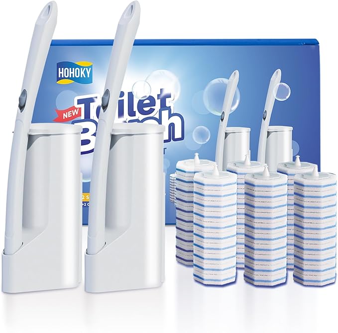 Disposable Toilet Brush Cleaning System, Two Sets of Wands and 60p Refills Pads Replacement Heads, Wall Mounted Toliet Stick Wand Starter Kit Bathroom Maintenance, Toilet Bowl Cleaner Holder