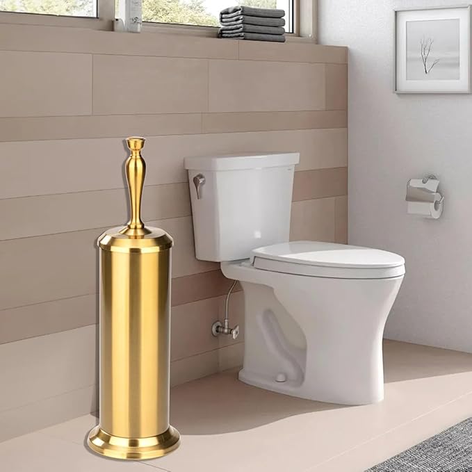 J&V TEXTILES Toilet Brush, Toilet Bowl Brush with Extra Long Handle Durable Bristles Toilet Scrubber and Covered Holder for Toilet Brush Set for Bathroom Cleaning (Aged Brass)