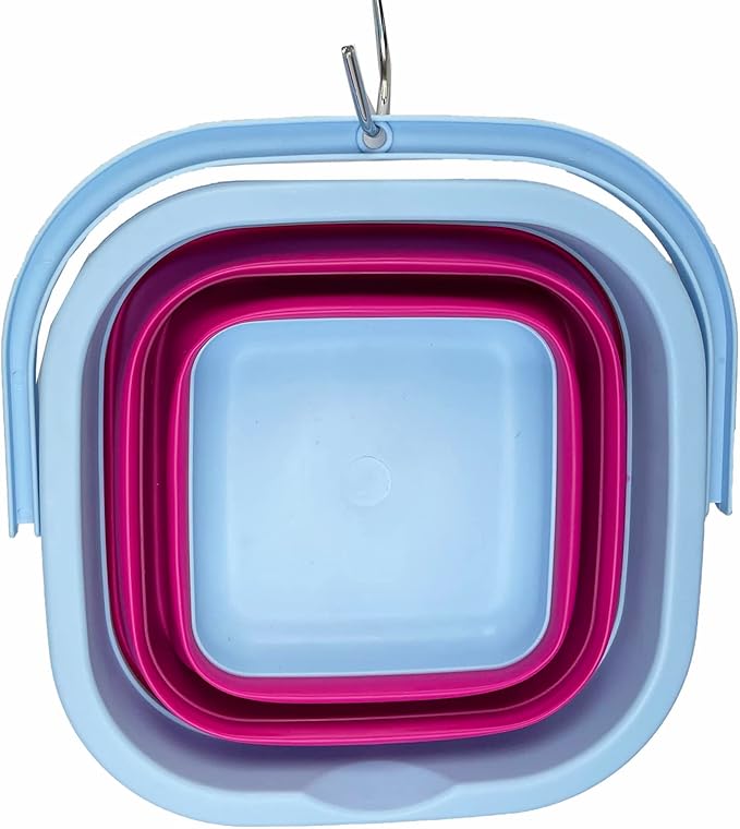 SAMMART Collapsible Rectangular Cleaning Bucket 5L (1.3 Gallon)- Foldable Camping Beach Sand Water Pot Pail- Portable Space Saving Tub for Household, Outdoor Car Washing (Cool Blue/Flamingo)