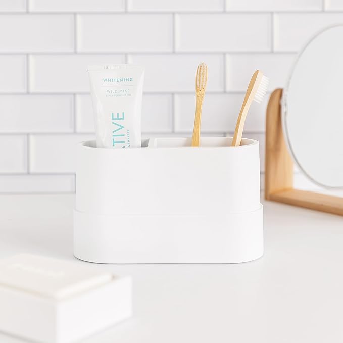 Yew Design Matte White Large Toothbrush and Toothpaste Holder and Cup for Bathroom Vanity and Countertop, Round Organizer for Electric Toothbrushes, Floss, Razors, Cotton, and Mouthwash