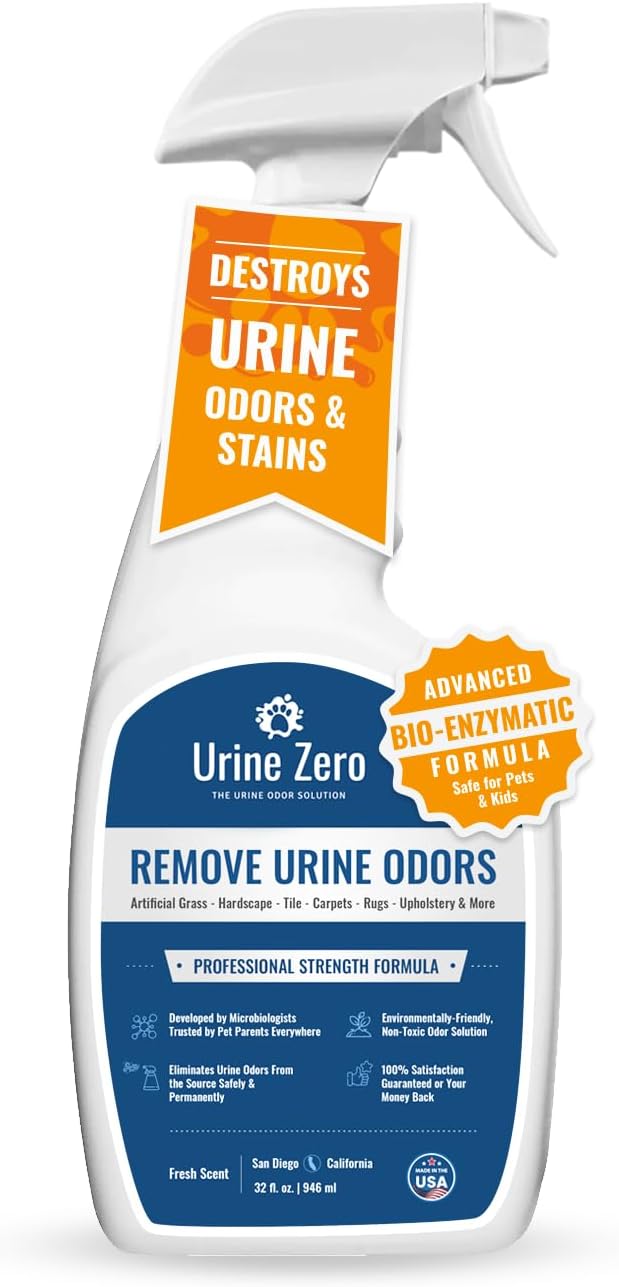 Urine Zero Pet Odor Eliminator Spray - Bio-Enzyme Cleaner for Dog & Cat Urine | Instantly Removes Odors on Artificial Grass, Carpet, Rugs & Tile | Pet & Kid Safe, 32 oz Ready-to-Use