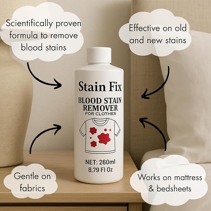 Instant Blood Stain Remover for Clothes (8.79oz)- Effectively Clean Fresh & Dried Stains from Clothes, Mattress & Sheets