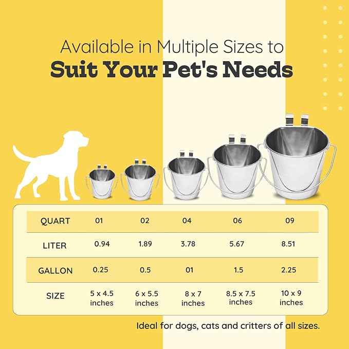 6 Quart Stainless Steel Flat Sided Bucket with Dual Hooks | Durable Food & Water Bowl for Dogs Cats Goat Sheep & Livestock | Fits kennel Cage Critter Crate Hanging Pet Pail | Multipurpose