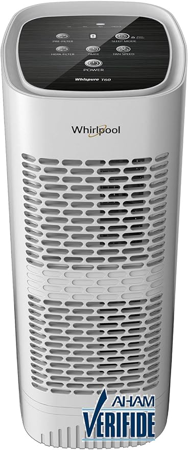 Whirlpool, WPT60P Whispure True Hepa Air Purifier, Activated Carbon Advanced Anti-Bacteria, Ideal for Allergies, Odors, Pet Dander, Mold, Smoke, Wildfire, and Germs, Medium, White