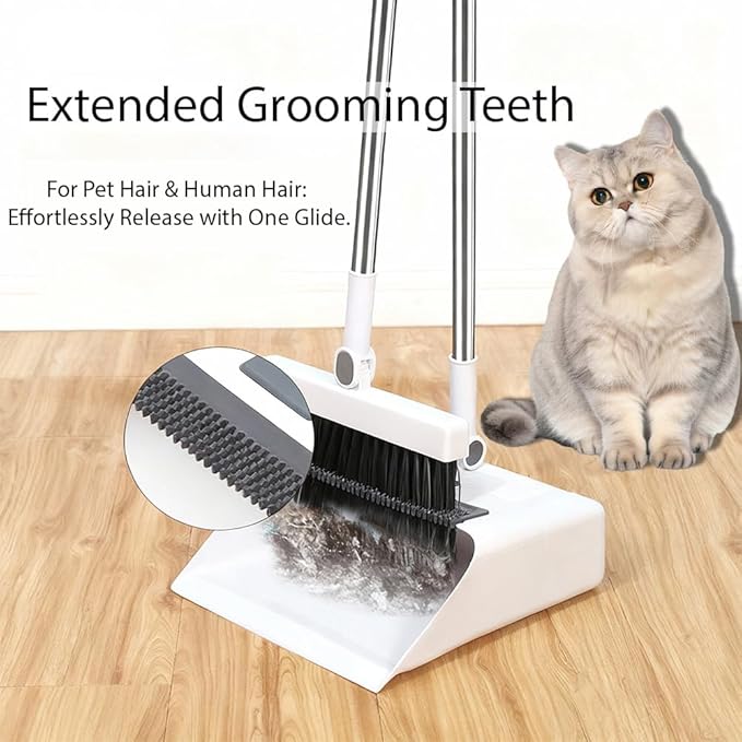 PAYWROK Upgrade Broom with Dustpan Combo Set，Long Handle Self-Cleaning Dust Pan and Brush Set 4-Row Dense Bristles，Indoor Broom Set (White)