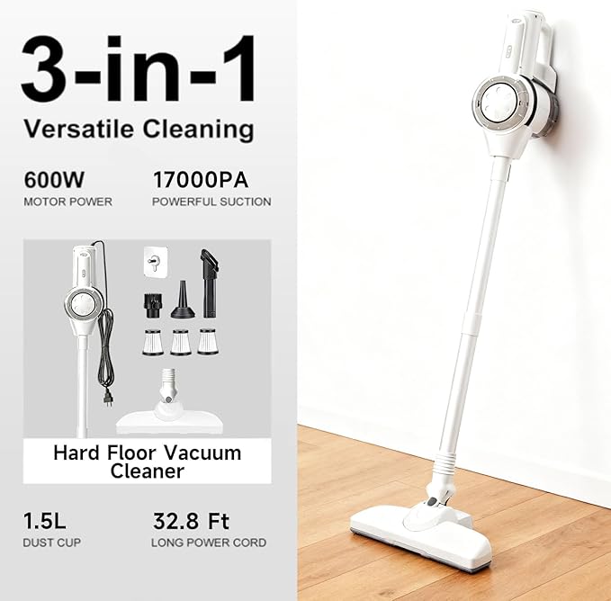 POMBEU Corded Stick Vacuum Cleaner， Hardwood Floor Vacuum, 600W Powerful Hard Floor Vacuum Cleaners， Powerful Upright Corded Vacuum Cleaner Suitable for Hair, Pet Hair, Wood Floors， Tile Floors Dorm
