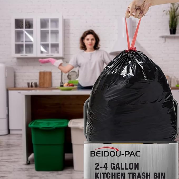 2-4 Gallon Trash Bags Drawstring, 100 Count Bulk, Black & Unscented Small Multi-purpose Garbage Bags for Business Home Bathroom Kitchen Commercial and Industrial