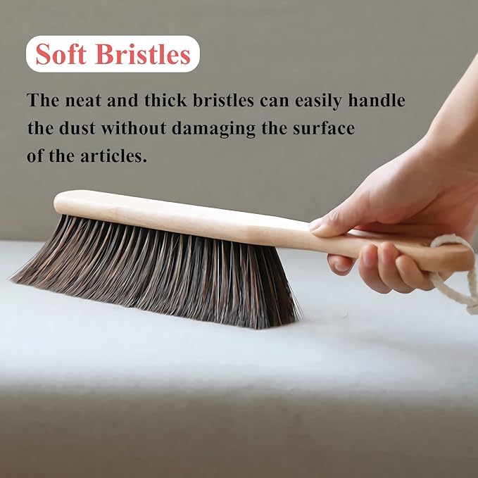 Counter Duster with Wood Handle, Hand Broom,Horse Hair Brush,Dust Brush,Used for Counter, Furniture, Drafting, Patio, Fireplace Cleaning