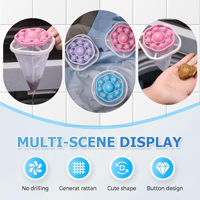 3PCS Floating Hair Filtering Mesh Removal, Reusable Lint Catcher for Washing Machine Wool Device, Pet Hair Remover Hair Filter Cleaning Mesh Bag (Purple)