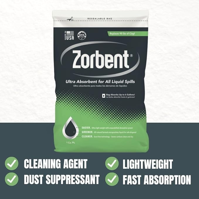 Zorbent Oil Spill Absorbent | 1 Cu Ft Bag Absorbs up to 6 Gallons of Liquid. Replaces 98 lbs of Clay. Non-Toxic, Low-Dust, with Cleaning Agent. For Fast Industrial Spill Cleanup.