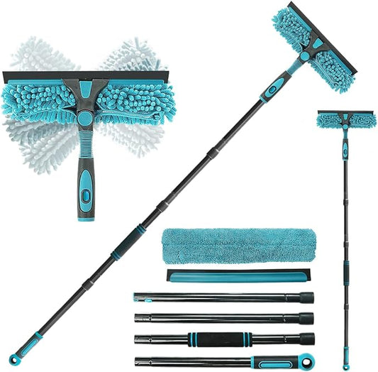 Buysenton Professional 2-in-1 Window Squeegee Cleaner Tool with 62" Extension Pole, Rotatable Bendable Head & Scrubber, Car Glass Cleaning Kit for Windows, Shower, Gas Station - 1 Blade 2 Scrubber