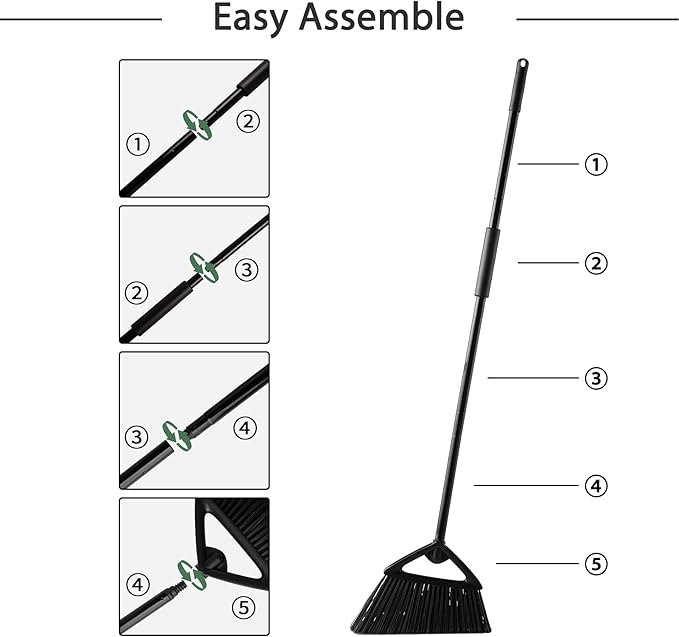 Eyliden Commercial Angle Broom and Dustpan Combo, with Long Handle, Lobby Dust Pan Sweep Set for Outdoor Garages Courtyard Sidewalks Decks Indoor Home Kitchen Room Office (Black Broom+Dustpan)