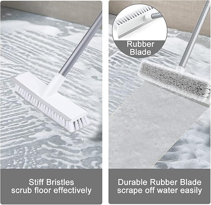 Floor Scrub Brush with Long Handle 54''- Stiff Bristle 2 in 1 Shower Scrubber with Squeegee Cleans Kitchen, Wall, Tile, Grout, Tub and Carpet, Brush Broom Scrubbing Garage, Patio Deck