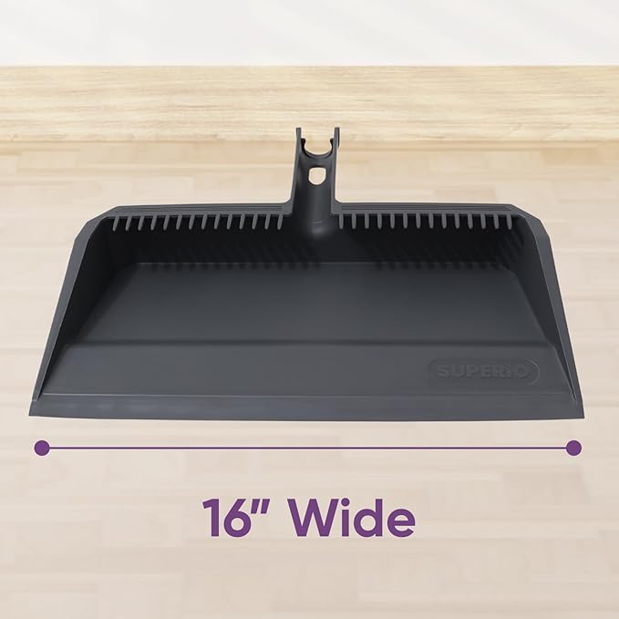 Superio 4-Pack Wide Plastic Dustpan with Comb - 16" Wide, Rubber Lip, Broom Handle Clip, Grey