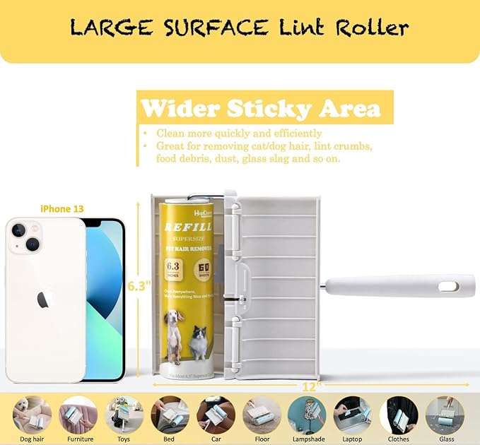 HapChron Large Surface Lint Roller Extra Sticky with Dust-Proof Cover 6.3'' Wider 240 Sheets/4 Refills, Pet Dog & Cat Hair Remover for Furniture Clothes Carpet Floor Car, A Great Sticky Tape Roller