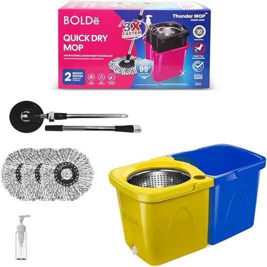 BOLDë Thunder Mop Spin System - Double-Sided - 2 Compact Stackable 6L Buckets, Microfiber Head, Stainless Steel Wringer, Antifungal Quick-Dry Cleaning, Soap Dispenser, 3 Free Refills (Yellow/Blue)