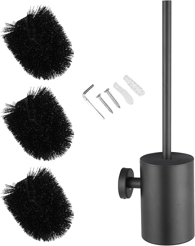 Wall Mounted Toilet Brush and Holder Set, 304 Stainless Steel Toilet Bowl Brush with 3 Replacement Heads, Space-Saving Bathroom Cleaning Brush, Matte Black Finish