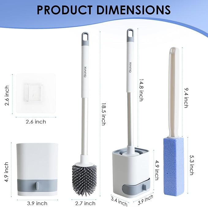 QUIVIX Toilet Cleaner Brush, Silicone Toilet Brush+Pumice Stone for Toilet Cleaning, with Non-Slip Long Handle, Wall Mounted/Floor Standing, Toilet Brush Set for Bathroom RVs