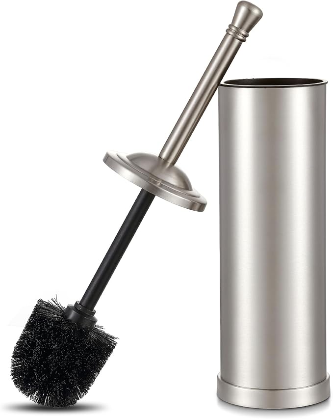 Brushed Nickel Toilet Brush and Holder Set,304 Stainless Steel Toilet Bowl Brush and Holder for Bathroom,Silver Heavy Duty Toilet Brush,Durable Scrubbing Bristles,Splash Resistant,Long Hanlde