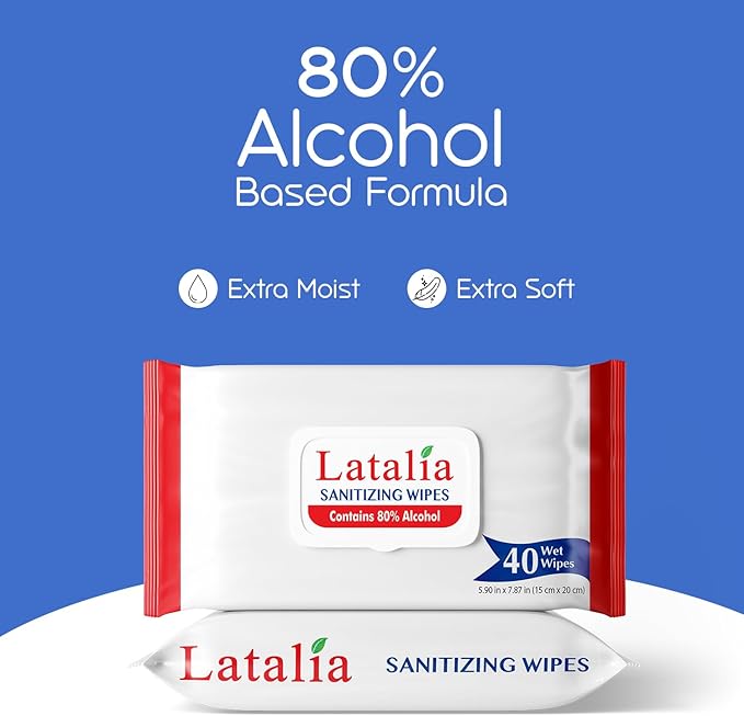 Latalia Hand Wipes Pack of 4 | 80% Alcohol Hand Sanitizer Wipes for Hands & Face Moisturizing, Gentle, Convenient and Fragrance Free (40 Counts)