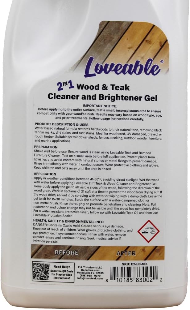 EcoDecors Loveable 2 in 1 Wood & Teak Cleaner and Brightener Gel, 1 L, for Outdoor Use, Cleans, Renews, and Refreshes Outdoor Wood - 2 Pack