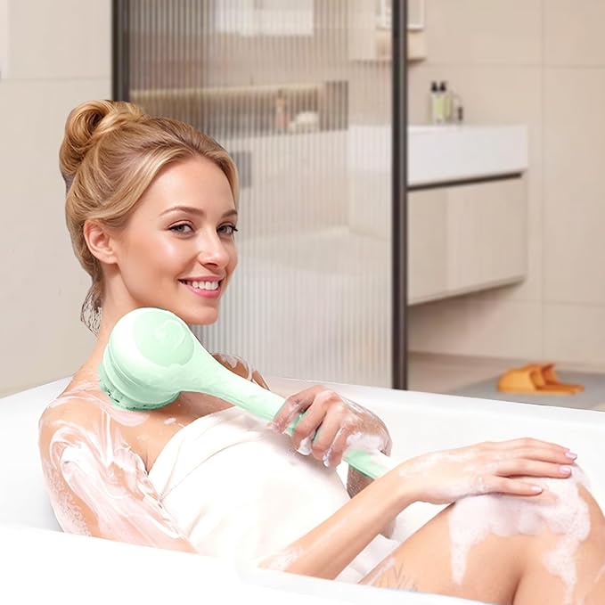 Oh,XIYU. Electric Body Brush Back Scrubber for Shower, Waterproof Long Dual Handle Power Body Scrubber with 3 Heads, Rechargeable Bath Brush & 2 Speeds, for Cleansing, Exfoliating and Massaging Skin