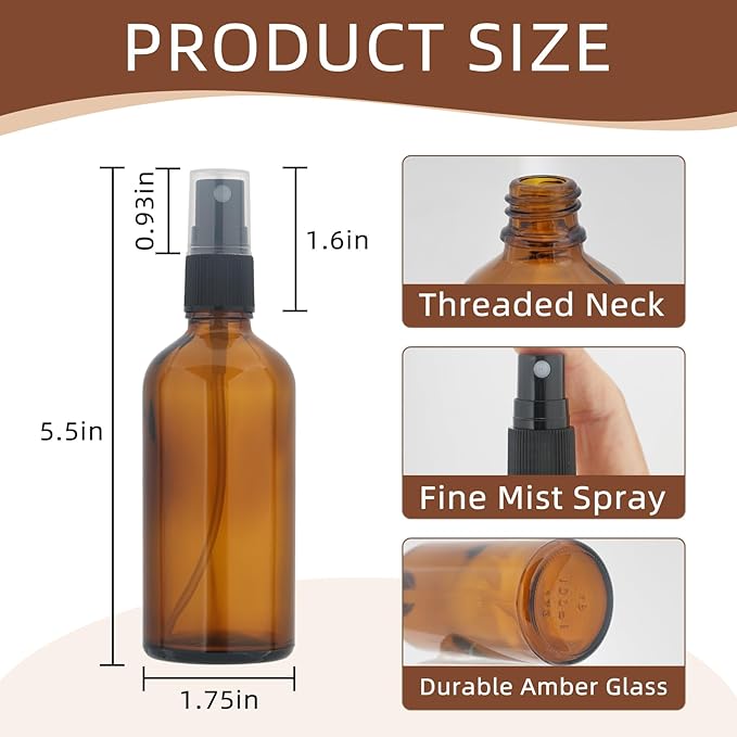 Body Oil Spray Bottle,4 Pack Amber Glass Fine Mist Spray Bottle For Body Oil,100ML(3OZ)