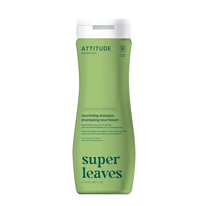 ATTITUDE Nourishing Hair Shampoo, EWG Verified, For Dry and Damaged Hair, Naturally Derived Ingredients, Vegan and Plant Based, Grapeseed Oil and Olive Leaves, 16 Fl Oz