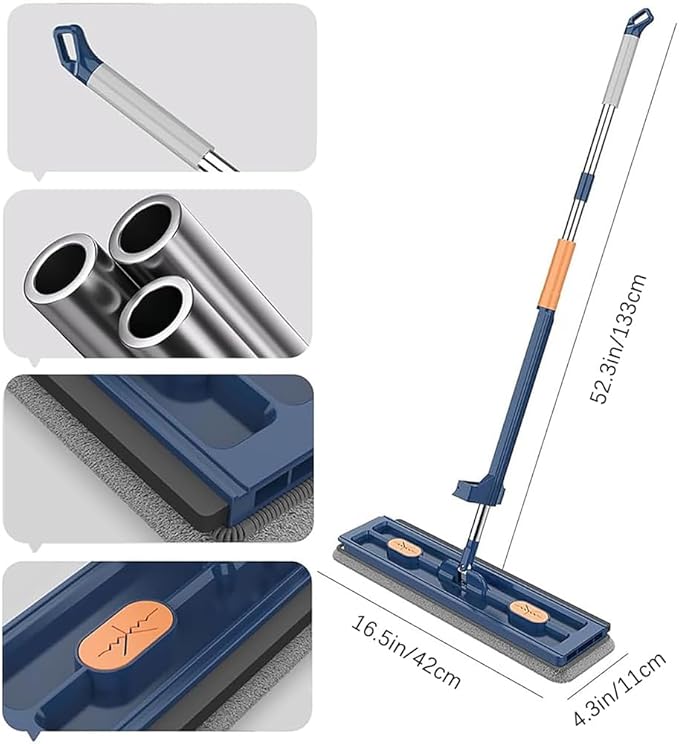Large Flat Mop, Saker Plus Self Wringing Mop 360° Rotating Flat Mops with Washable Microfiber Pads, Independent Drainage Scraper Floor Cleaning System (Blue, 6 Microfiber Pads)